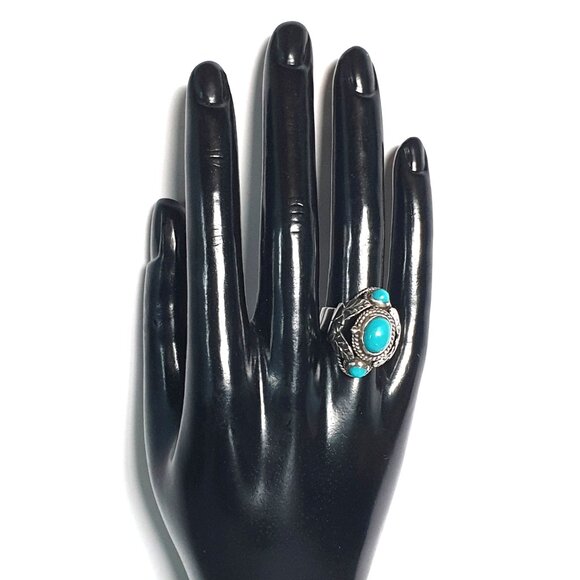 Bold Vintage 1920s Taxco Mexico Turquoise Sterling Silver Art Deco Poison Ring - Picture 9 of 14